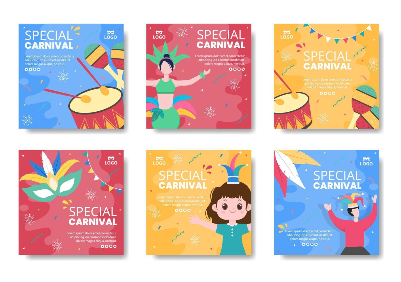 ilustración plana de plantilla de publicación de celebración de carnaval feliz editable de fondo cuadrado adecuado para redes sociales o tarjeta de felicitación vector