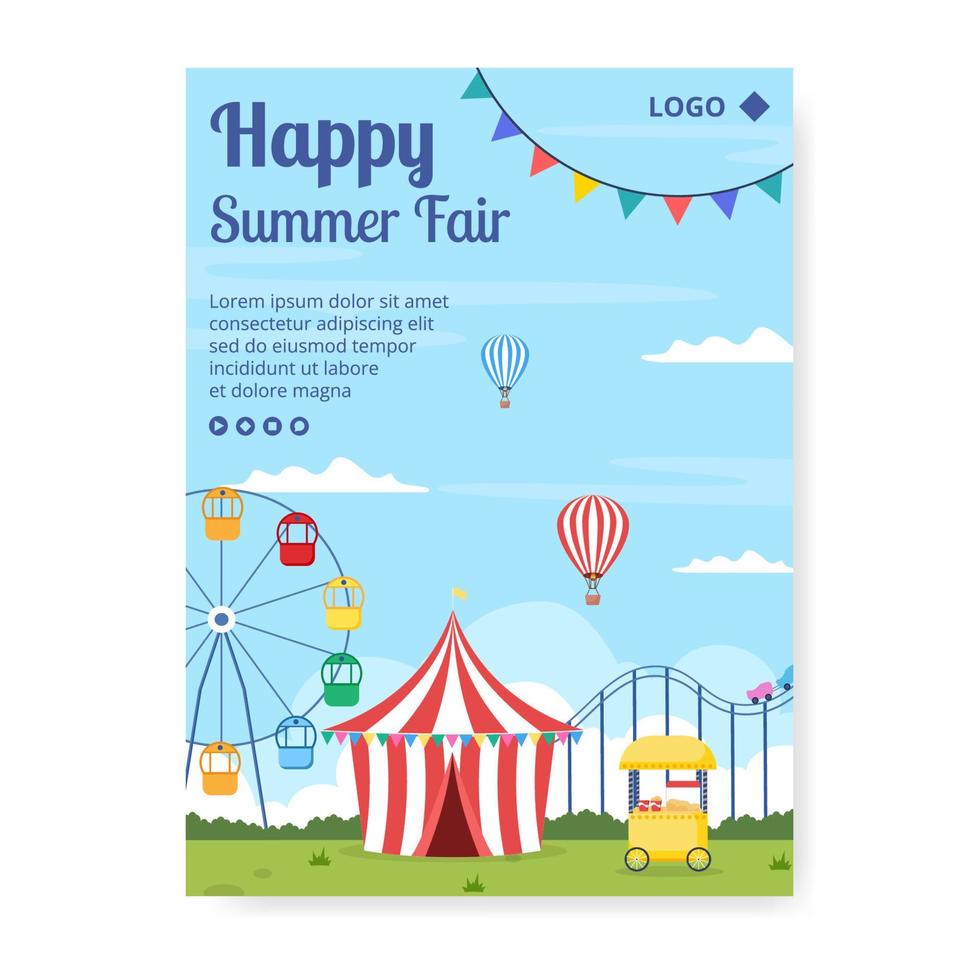 feria de verano de carnaval, circo, feria de diversión o plantilla de póster de parque de atracciones ilustración plana editable de fondo cuadrado para redes sociales vector