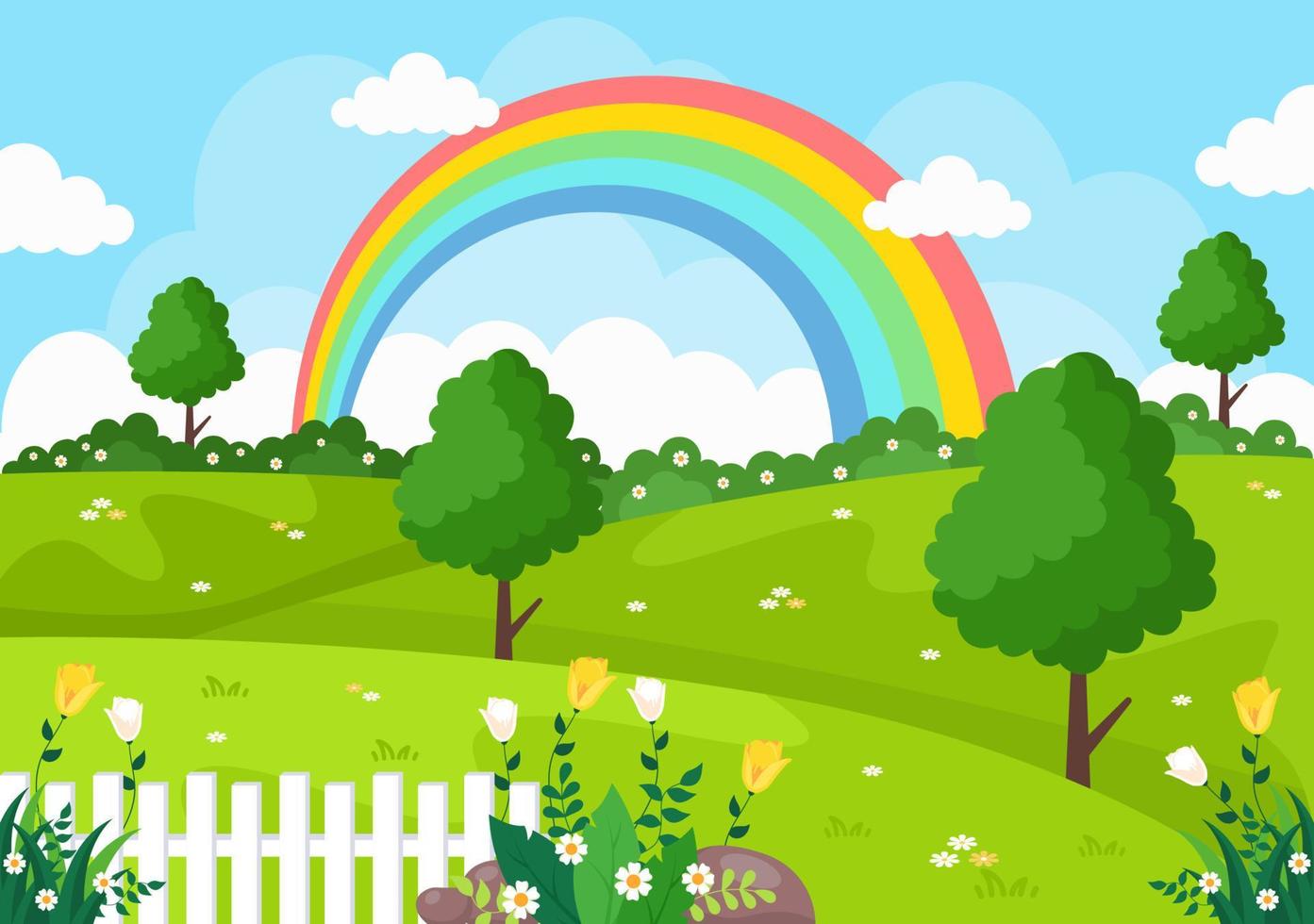 fondo de paisaje de primavera con temporada de flores, arco iris y planta para promociones, revistas, publicidad o sitios web. ilustración de vector de naturaleza