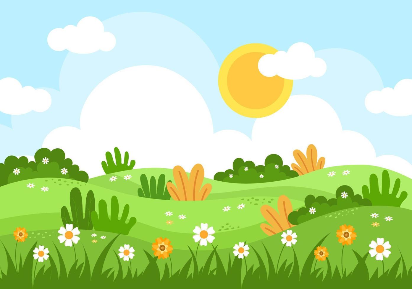 fondo de paisaje de primavera con temporada de flores, arco iris y planta para promociones, revistas, publicidad o sitios web. ilustración de vector de naturaleza