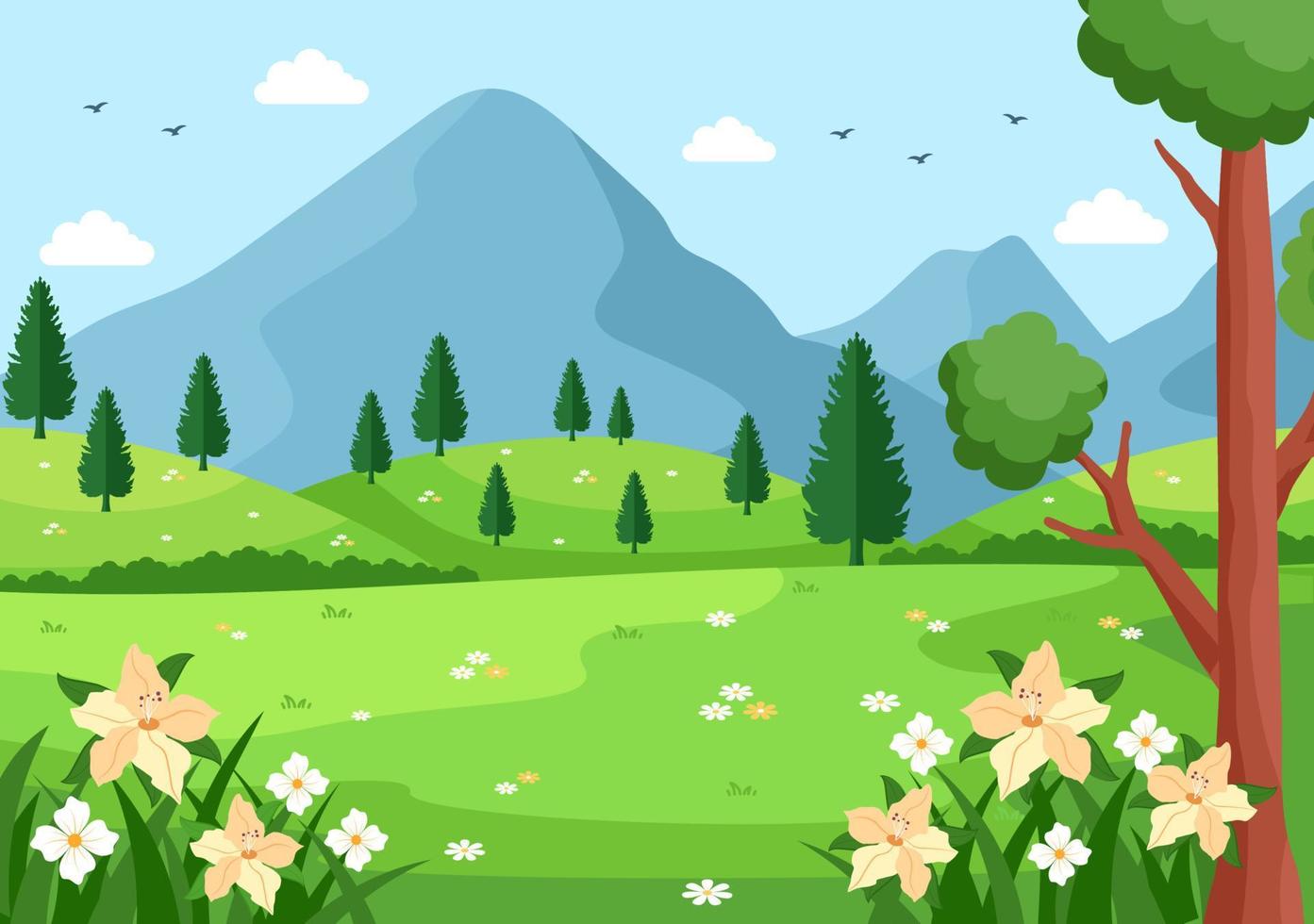 fondo de paisaje de primavera con temporada de flores, arco iris y planta para promociones, revistas, publicidad o sitios web. ilustración de vector de naturaleza