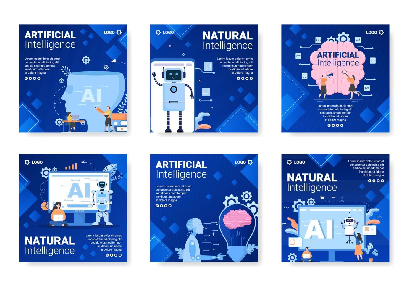 Artificial Intelligence Digital Brain Technology Post Template Flat Illustration Editable of Square Background for Social media or Greetings Card vector