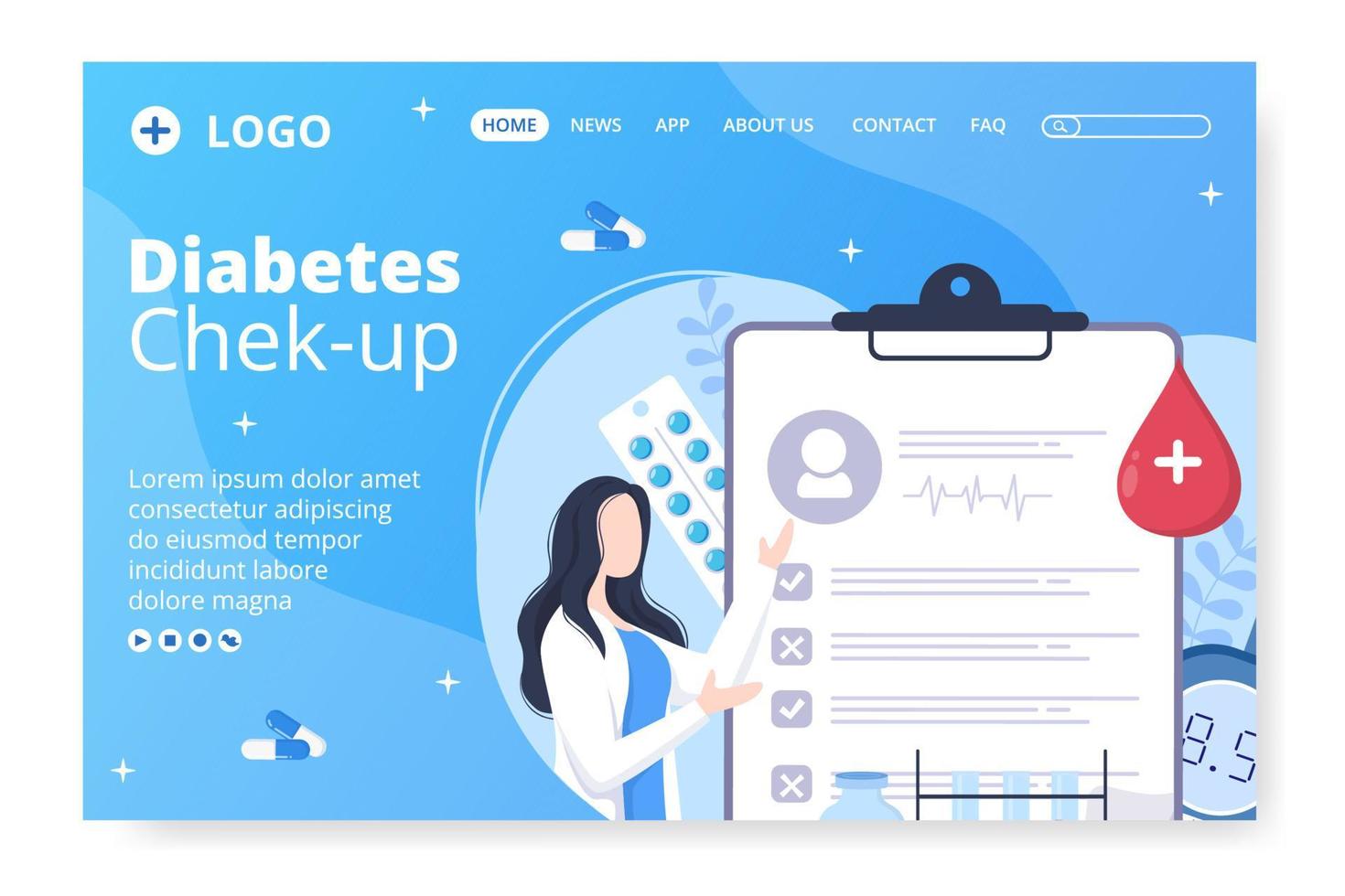 Diabetes Testing Landing Page Template Flat Design Illustration Editable of Square Background Suitable for Healthcare Social Media or Greetings Card vector