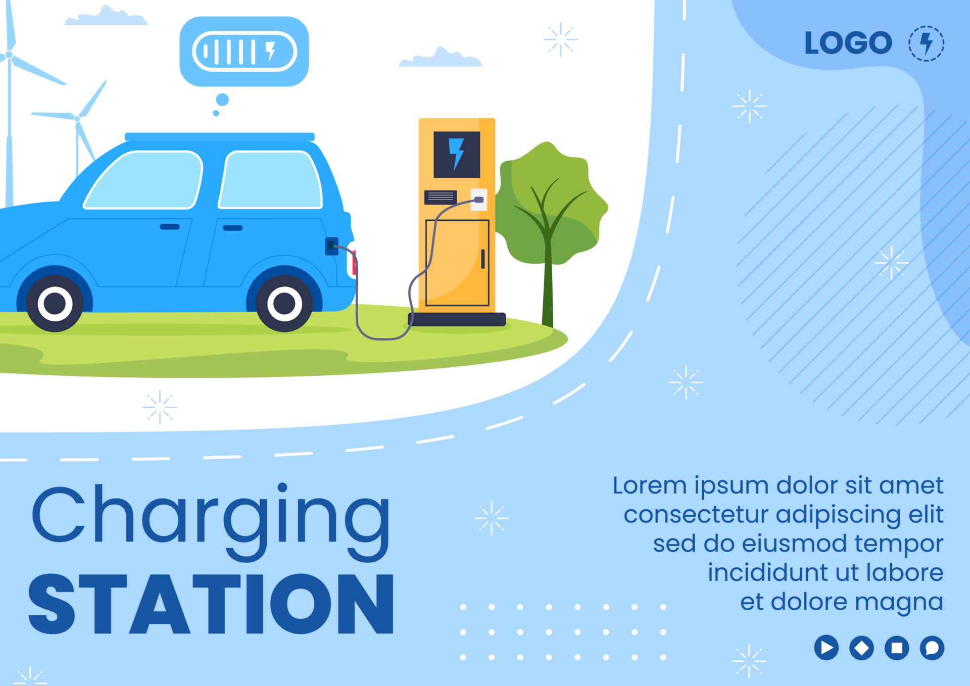 Charging Electric Car Batteries Brochure Template Flat Illustration