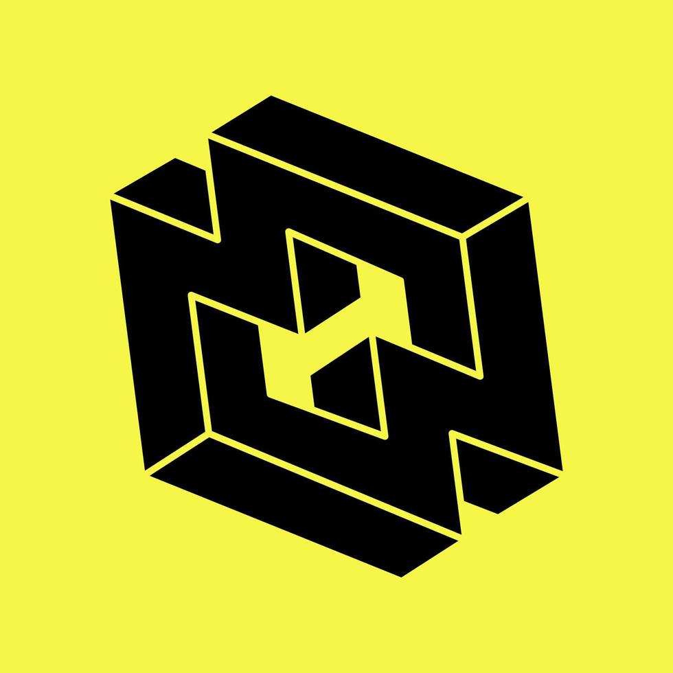 Impossible shapes. Optical illusion figure. Abstract eternal geometric object. Impossible geometry symbol on a yellow background. Optical art. vector