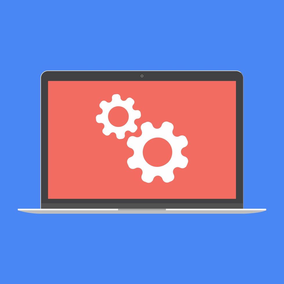 Modern device - laptop, computer or netbook pc flat design with gears on the screen icon vector illustration. No keybord technology concept of maintenance on screen isolated on blue background.