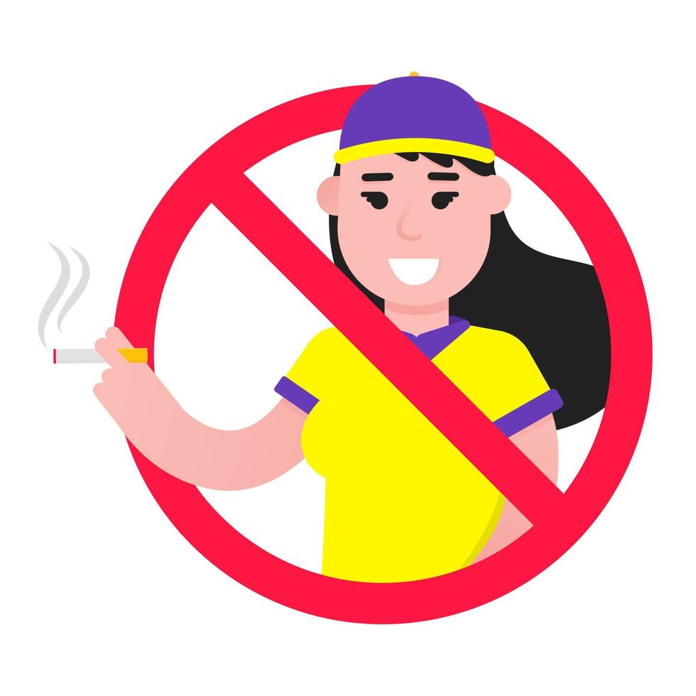 No smoking sign with standing girl. Forbidden sign icon isolated on white background vector illustration. Girl smokes cigarette, red prohibition circle isolated on white background.