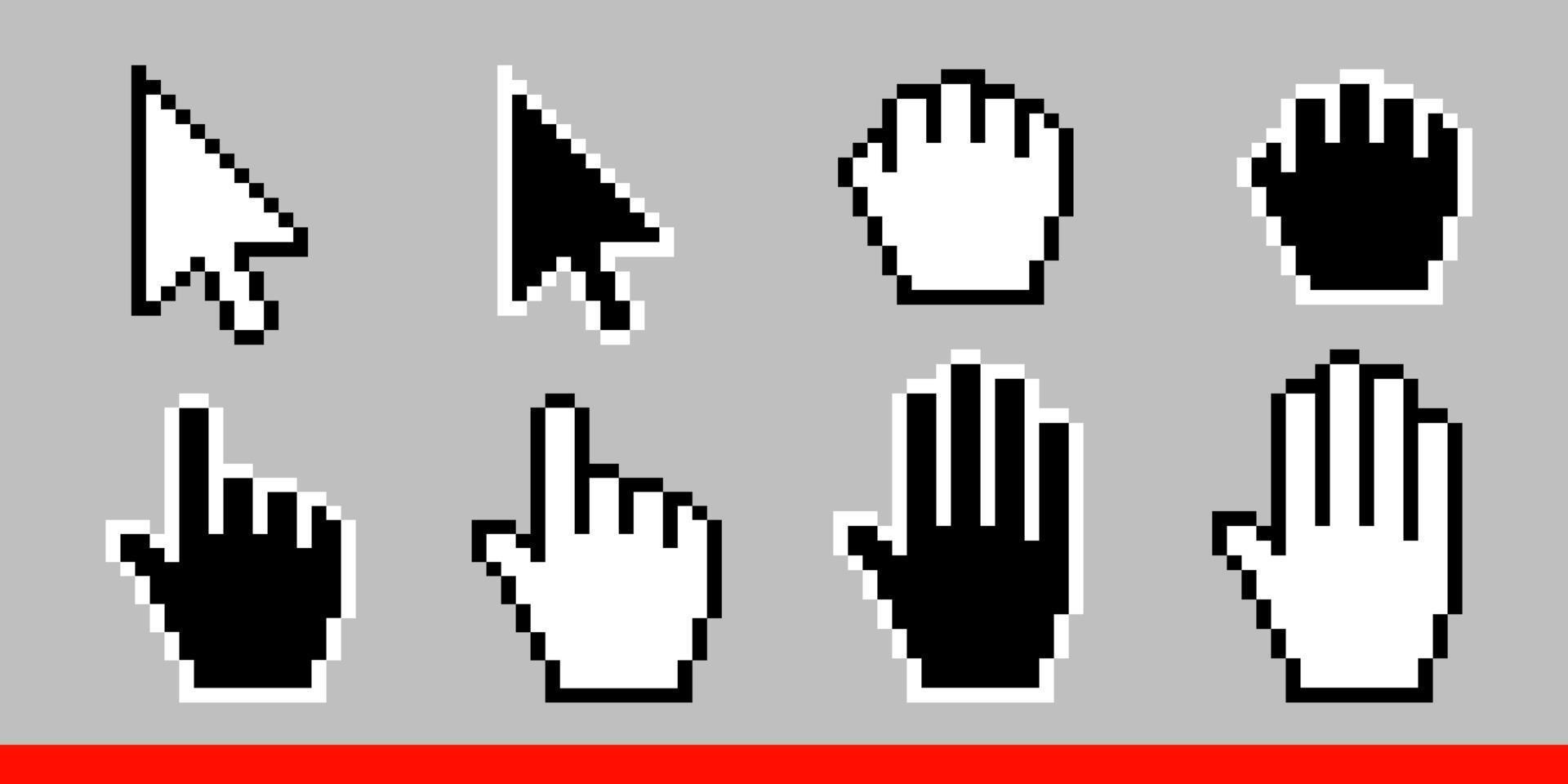 Black and white arrow pixel and pixel mouse hand cursors icon vector