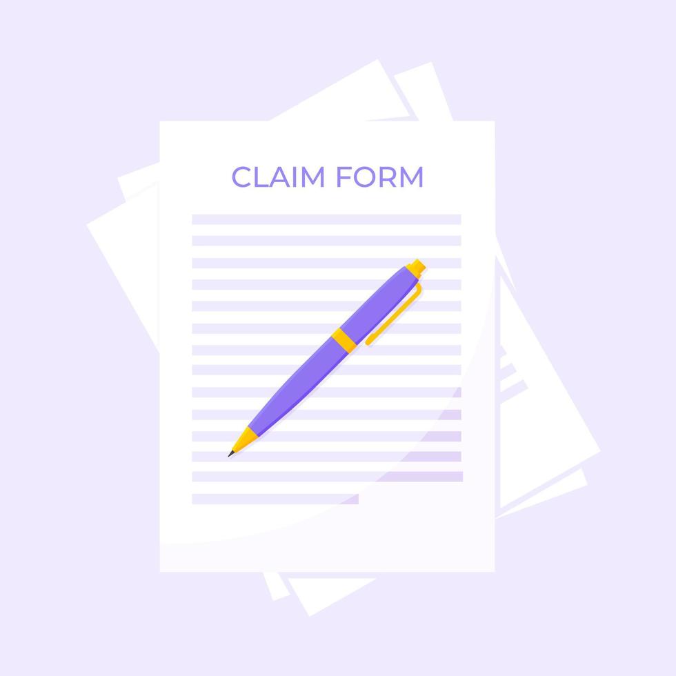 Claim form paper sheets, pen isolated on gray background flat style design vector illustration.