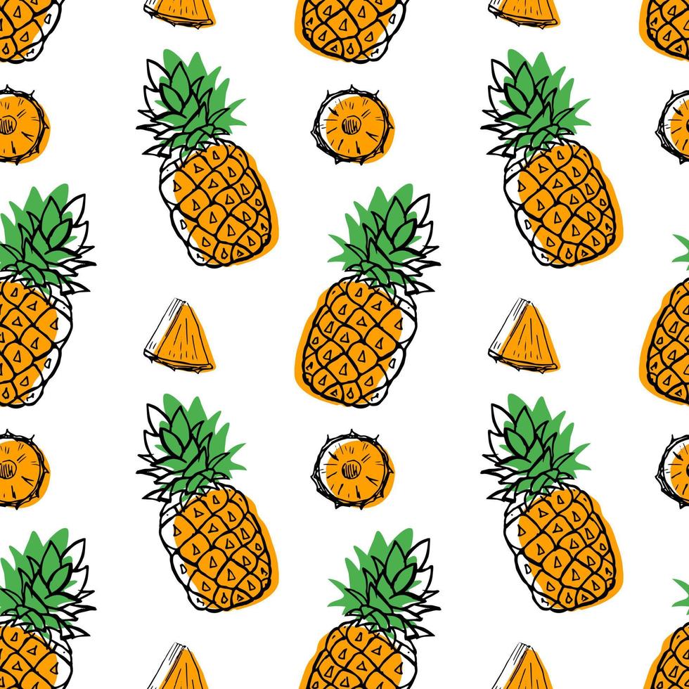 Seamless hand drawn pineapple ananas fruit pattern, berry with color shapes vector illustration isolated on white background. Whole, parts, leaves sketch style collection. Fresh and tasty
