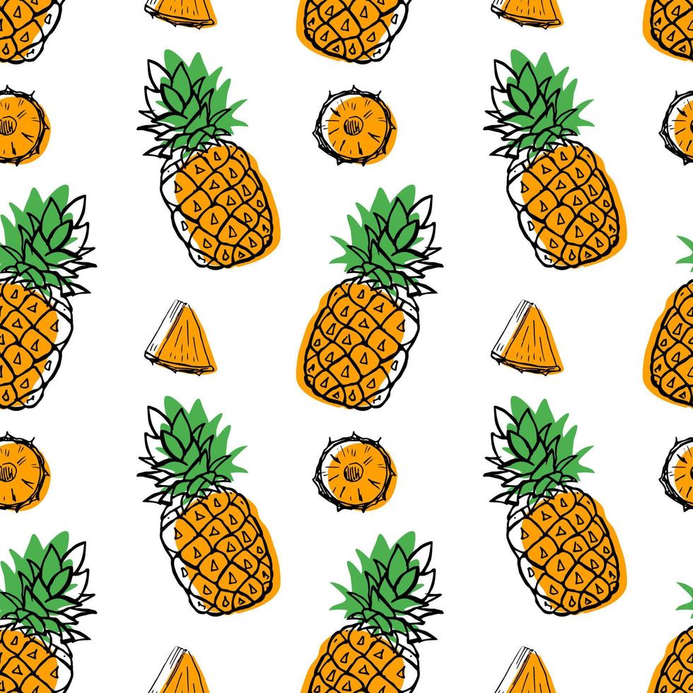 Seamless hand drawn pineapple ananas fruit pattern, berry with color shapes vector illustration isolated on white background. Whole, parts, leaves sketch style collection. Fresh and tasty