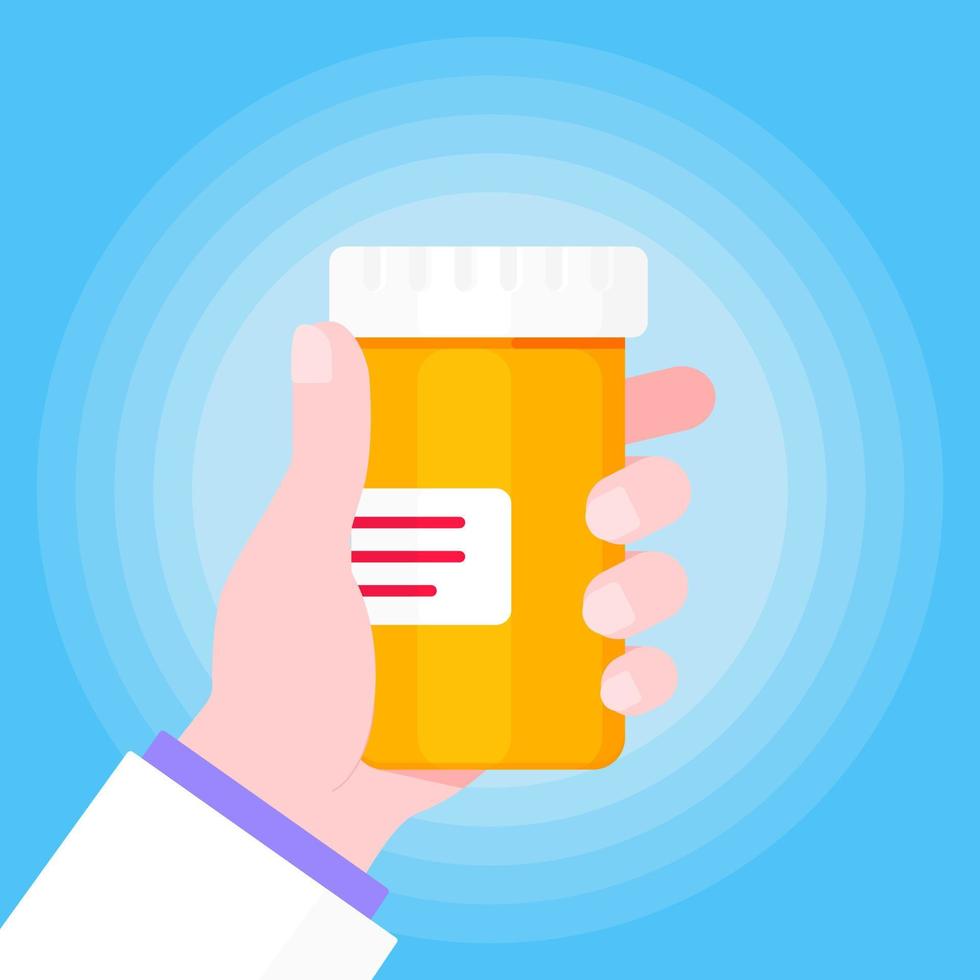 Doctor hand holds pill bottle for capsules or tablets flat style design vector illustration.