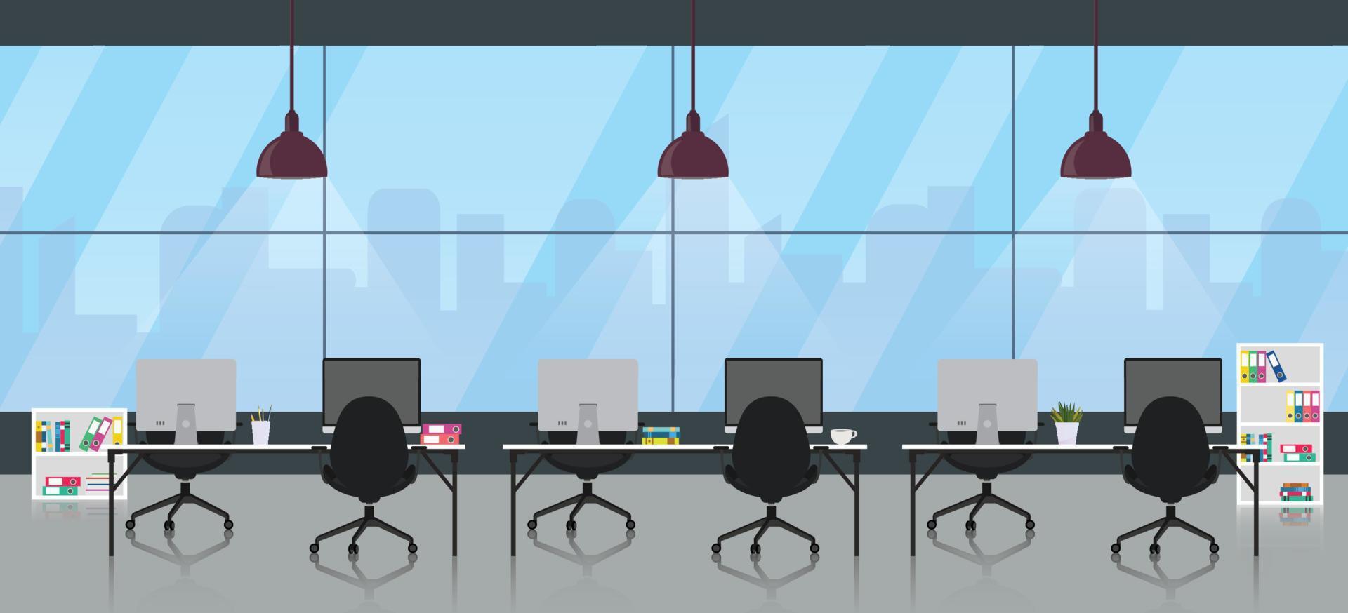 interior de la sala de oficina con paisaje urbano fuera de la ventana. diseño de lugar de trabajo de diseñador de oficina moderno. ilustración vectorial. vector