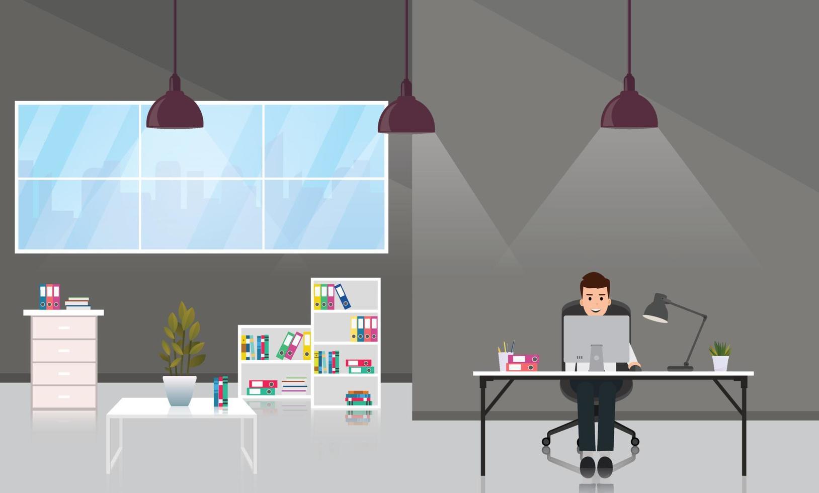 Businessman working in office room  with cityscape outside window.Design of modern office designer workplace.Vector illustration. vector