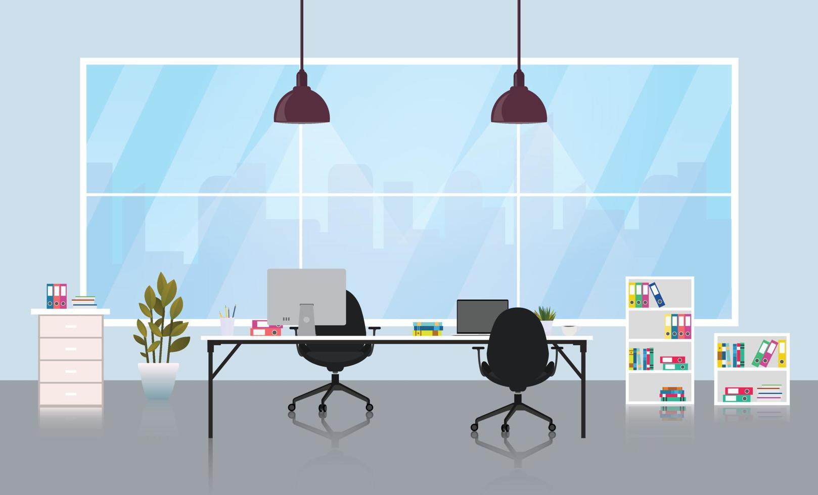 interior de la sala de oficina con paisaje urbano fuera de la ventana. diseño de lugar de trabajo de diseñador de oficina moderno. ilustración vectorial. vector