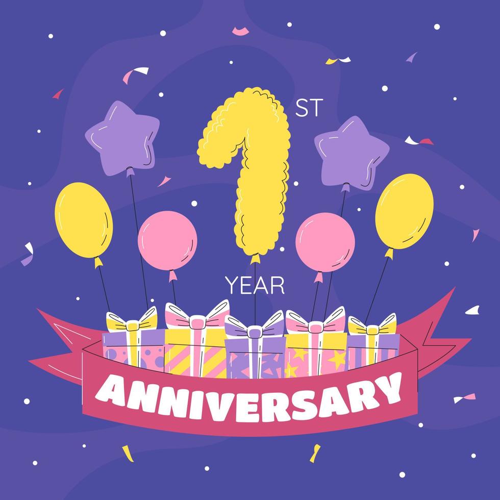 1st year anniversary celebration poster. Golden balloon number with sparkling confetti, gift boxes and ribbon. Birthday party event decoration, festive elements. Vector hand drawn flat illustration