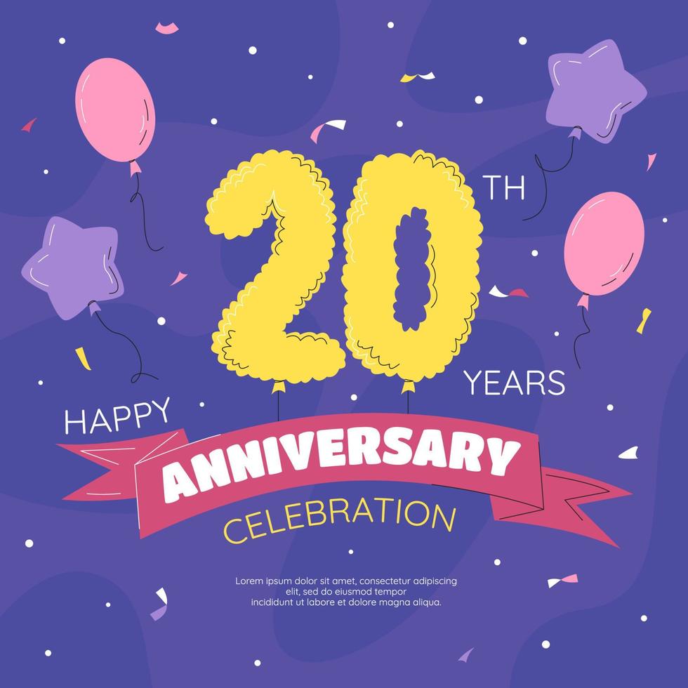 20th year anniversary celebration banner. Golden balloons numbers with sparkling confetti, glitters and ribbon. Birthday party event decoration, festive elements. Vector hand drawn flat illustration