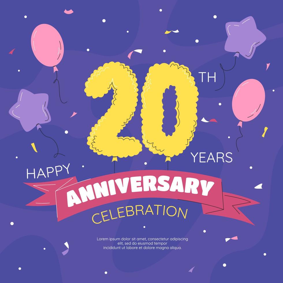 Pancarta de celebración del 20 aniversario. números de globos dorados con confeti brillante, brillos y cinta. decoración de eventos de fiesta de cumpleaños, elementos festivos. vector dibujado a mano ilustración plana