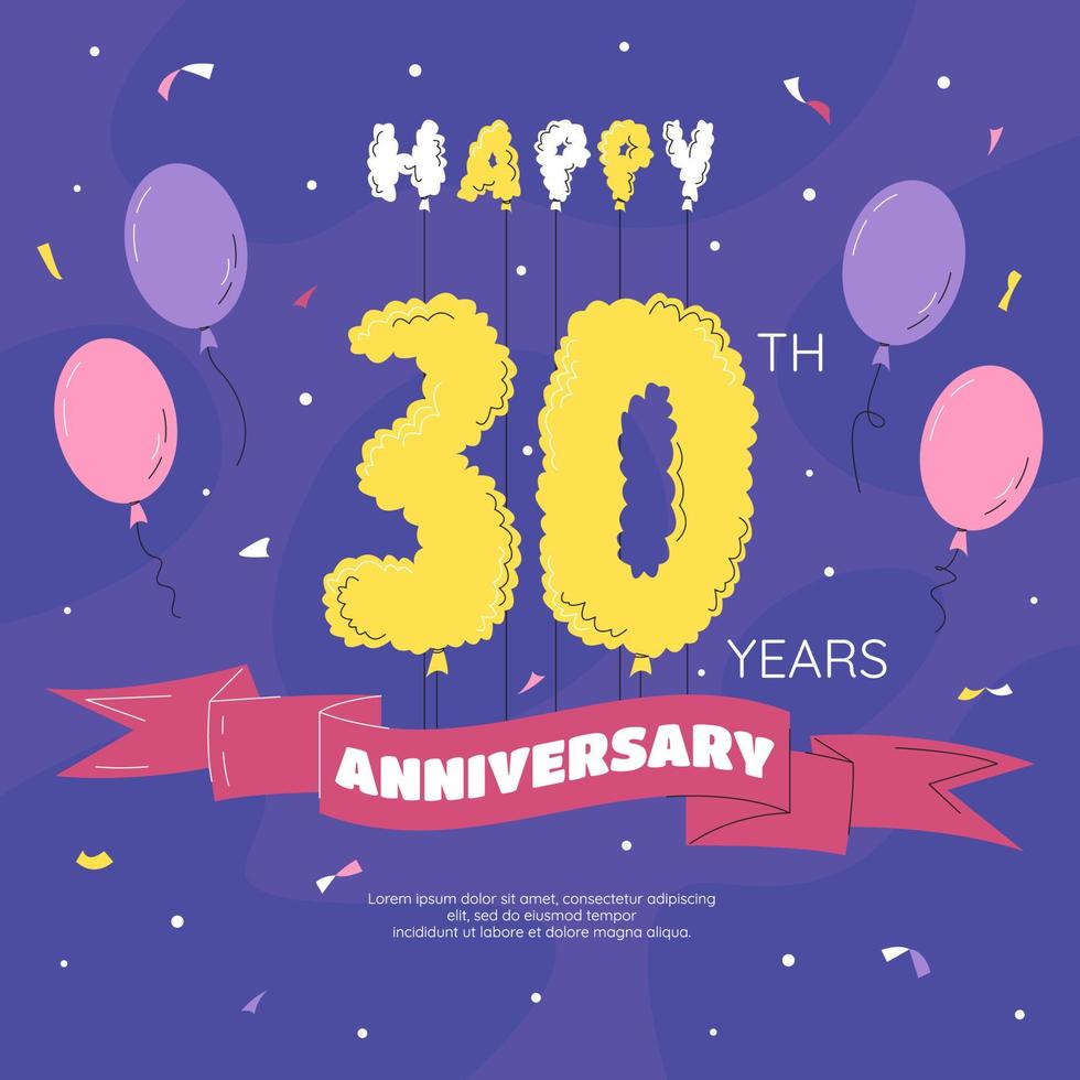 30th year anniversary celebration poster. Golden balloons numbers with sparkling confetti, glitters and ribbon. Birthday party event decoration, festive elements. Vector hand drawn flat illustration