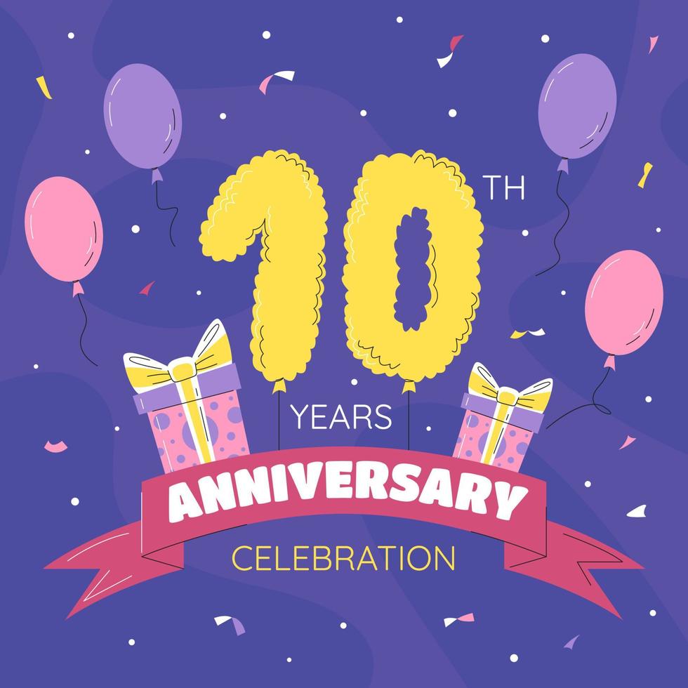 10th year anniversary celebration banner. Golden balloons numbers with sparkling confetti, glitters and ribbon. Birthday party event decoration, festive elements. Vector hand drawn flat illustration