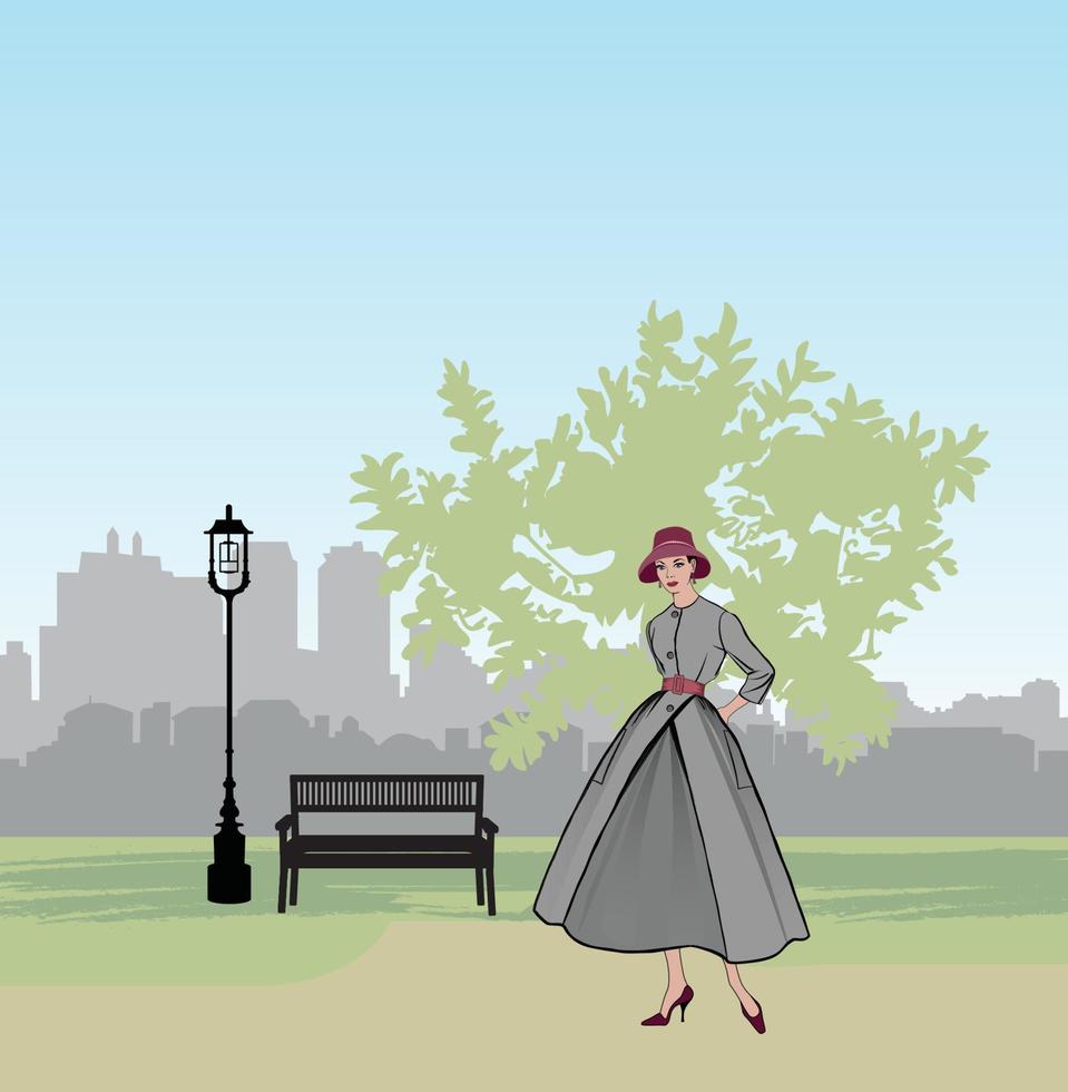 mujer vestida de moda retro al estilo de los años 50 y 60 en el paisaje del parque de la ciudad. joven elegante con ropa vintage en el jardín de la ciudad de primavera. silueta de moda de primavera de los años 60. horizonte del paisaje urbano del parque. vector