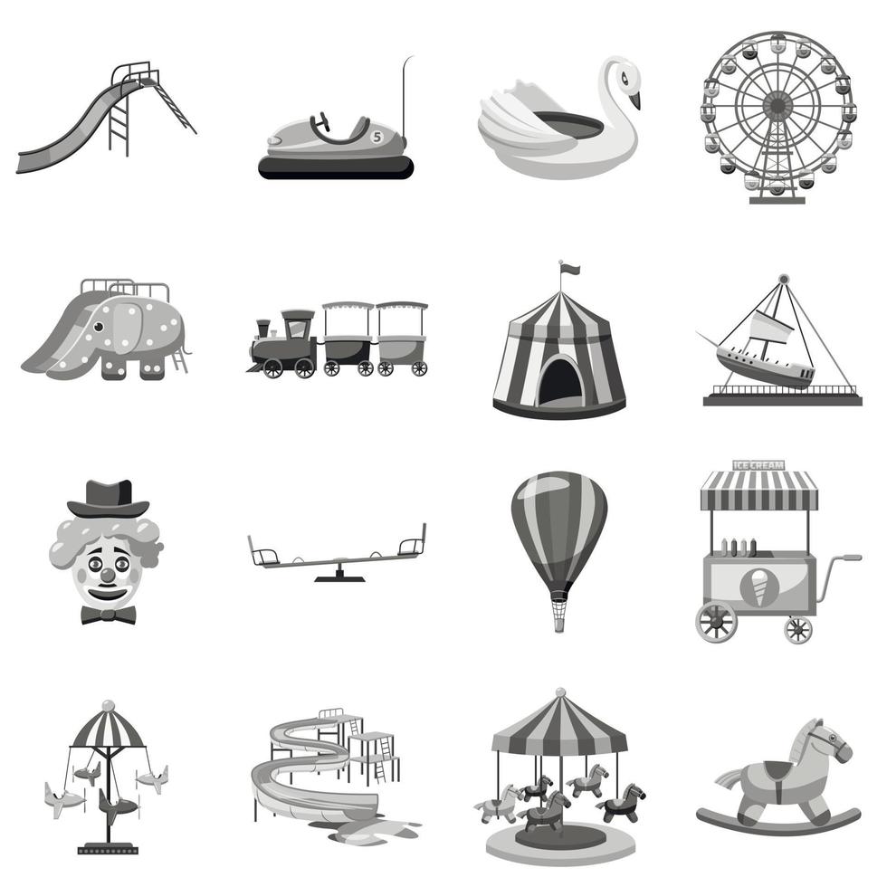 Amusement park icons set, gray monochrome style vector