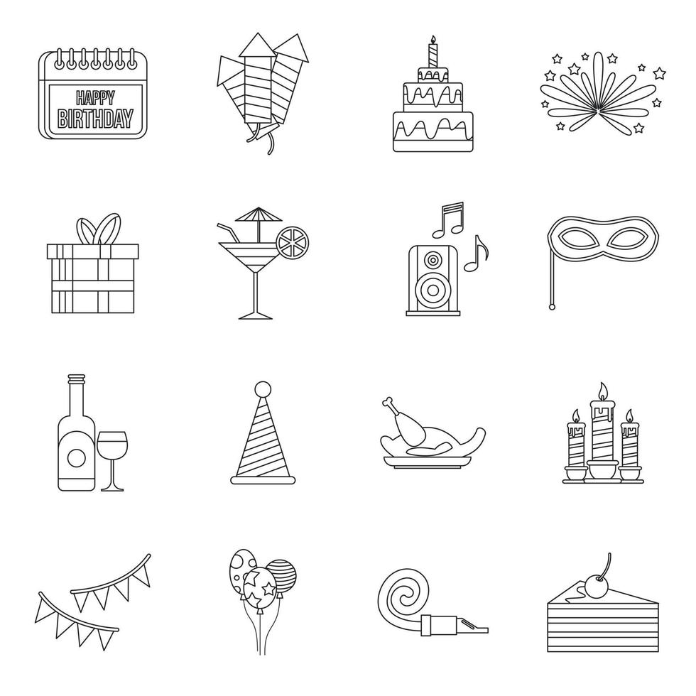 conjunto de iconos de feliz cumpleaños, estilo de contorno vector