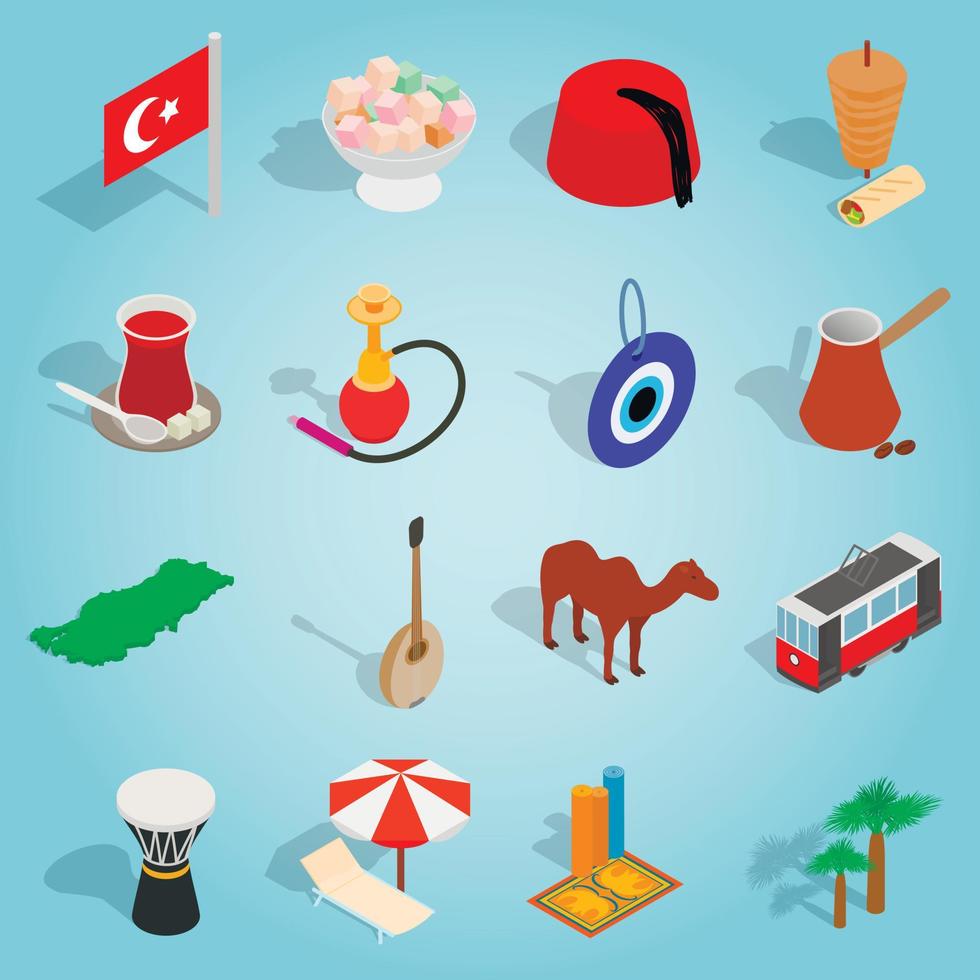Country Turkey set icons, isometric 3d style vector