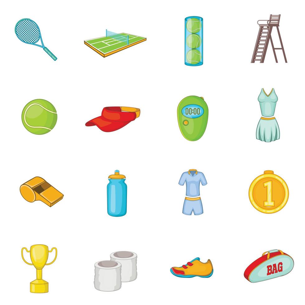 Tennis icons set, cartoon style vector