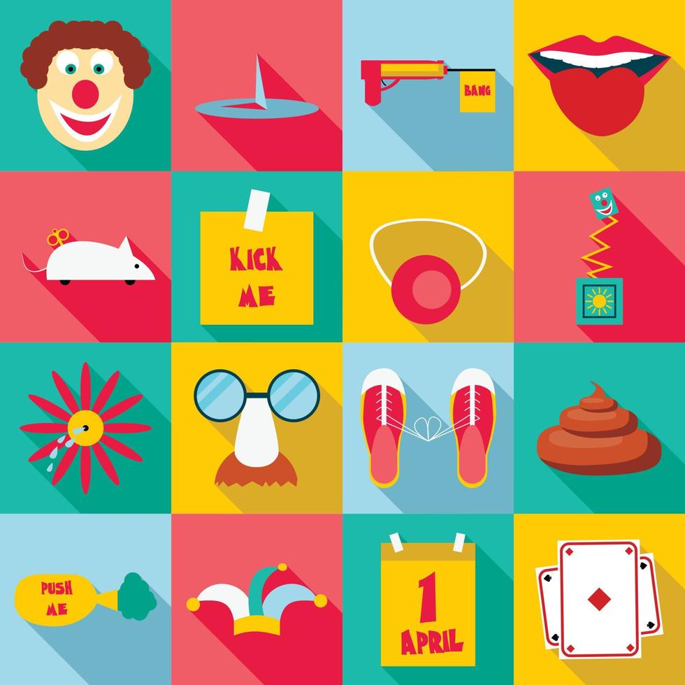 April fools day icons set, flat style vector