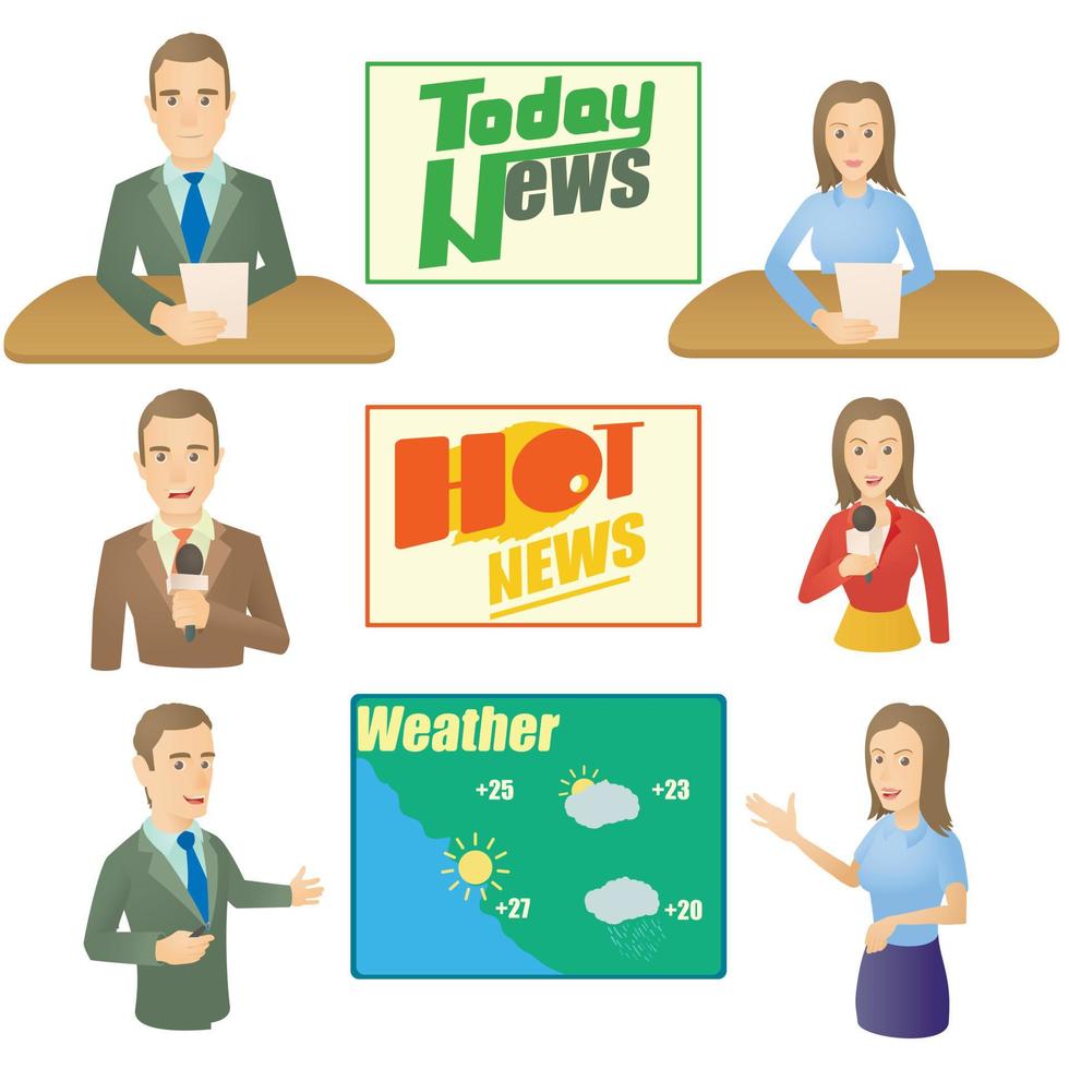 News presenter concept set, cartoon style vector