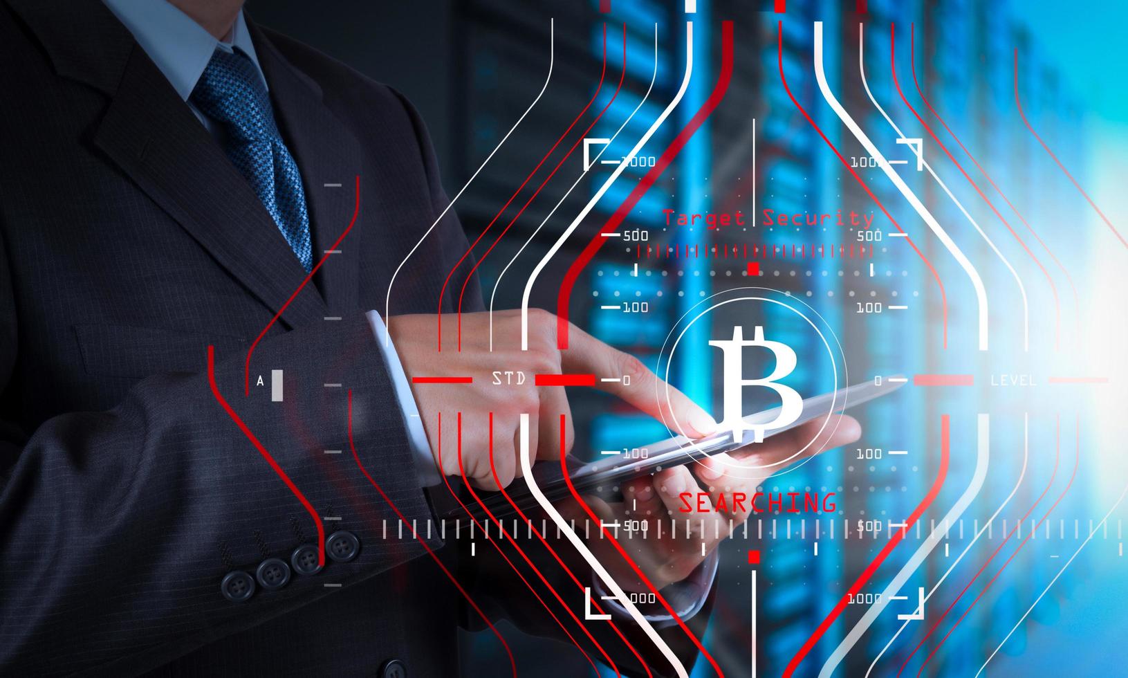 Businessman working with new modern computer and Bitcoin cryptocurry virtual diagram as concept. photo