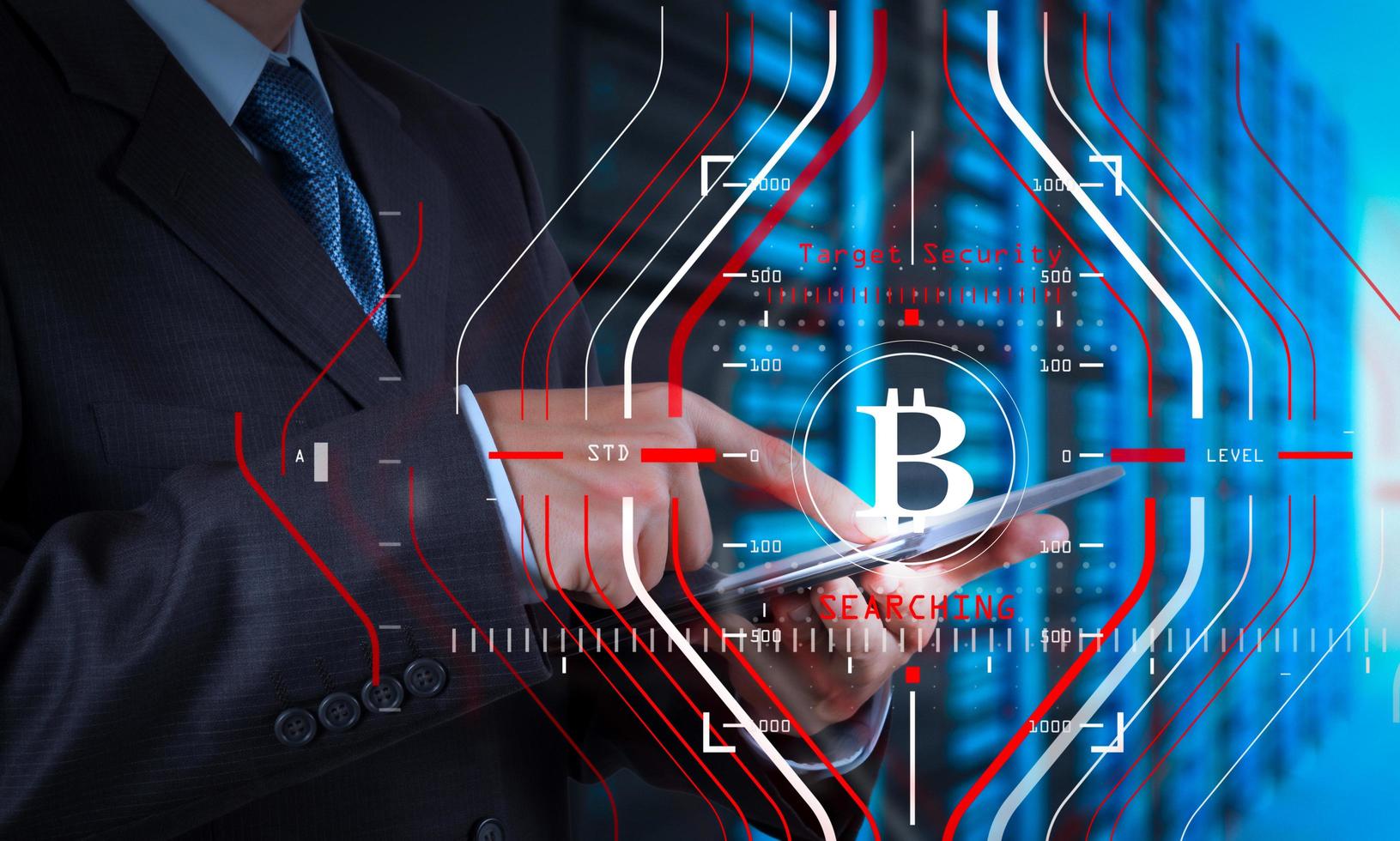 Businessman working with new modern computer and Bitcoin cryptocurry virtual diagram as concept. photo