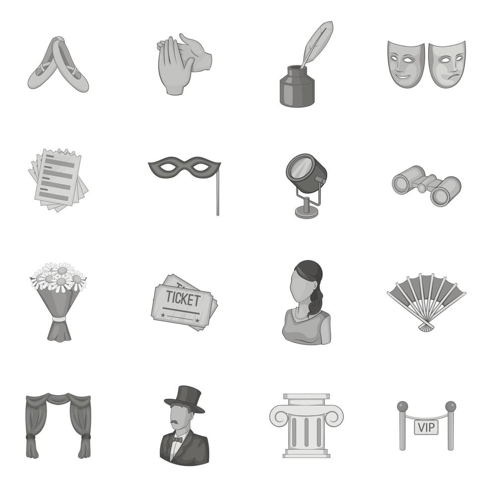 conjunto de iconos de teatro, estilo monocromo gris vector