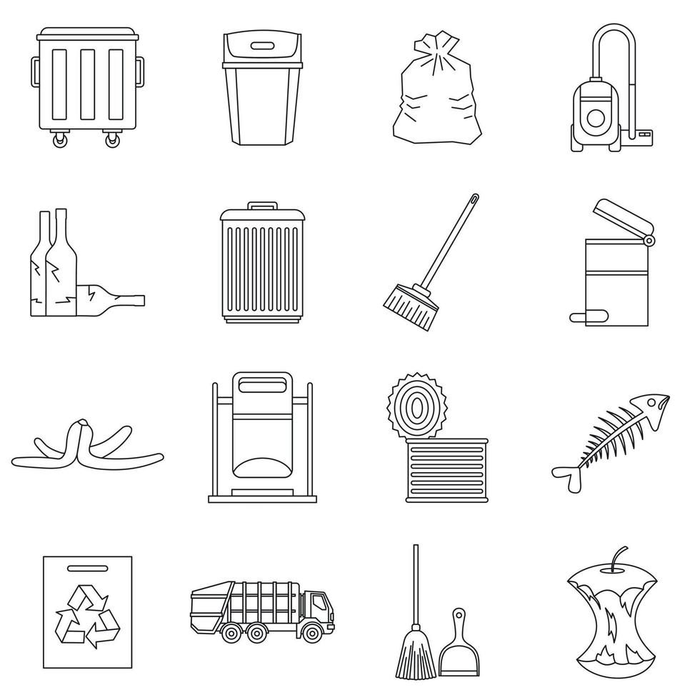 Garbage thing icons set, outline style vector