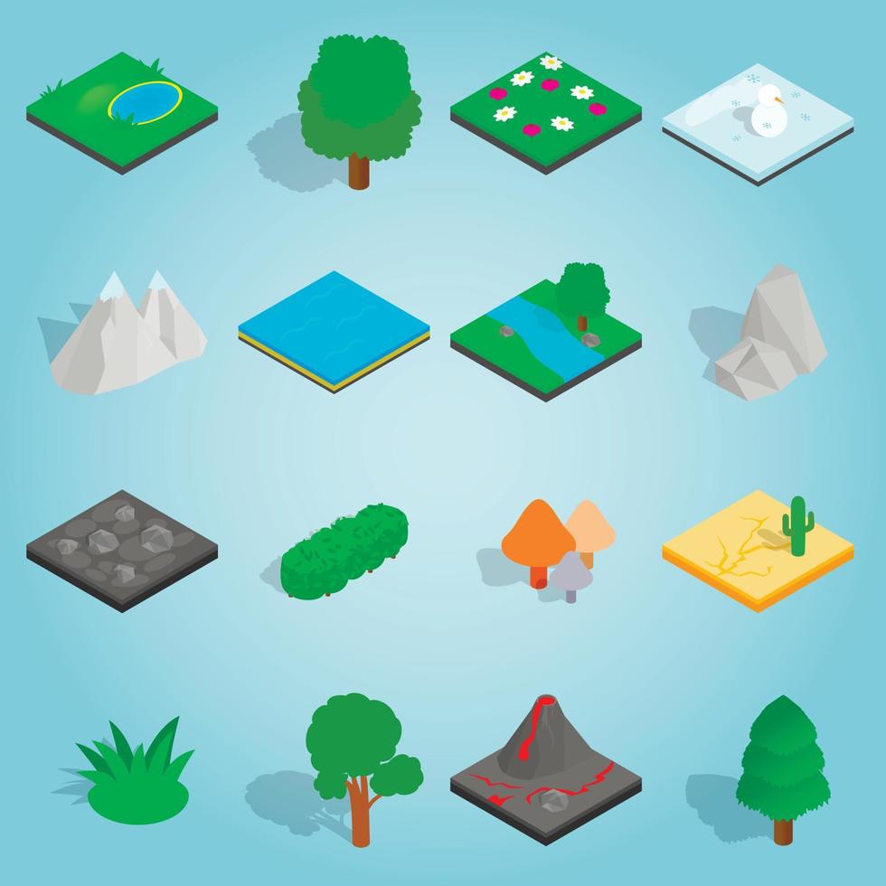 Landscape set icons, isometric 3d style vector