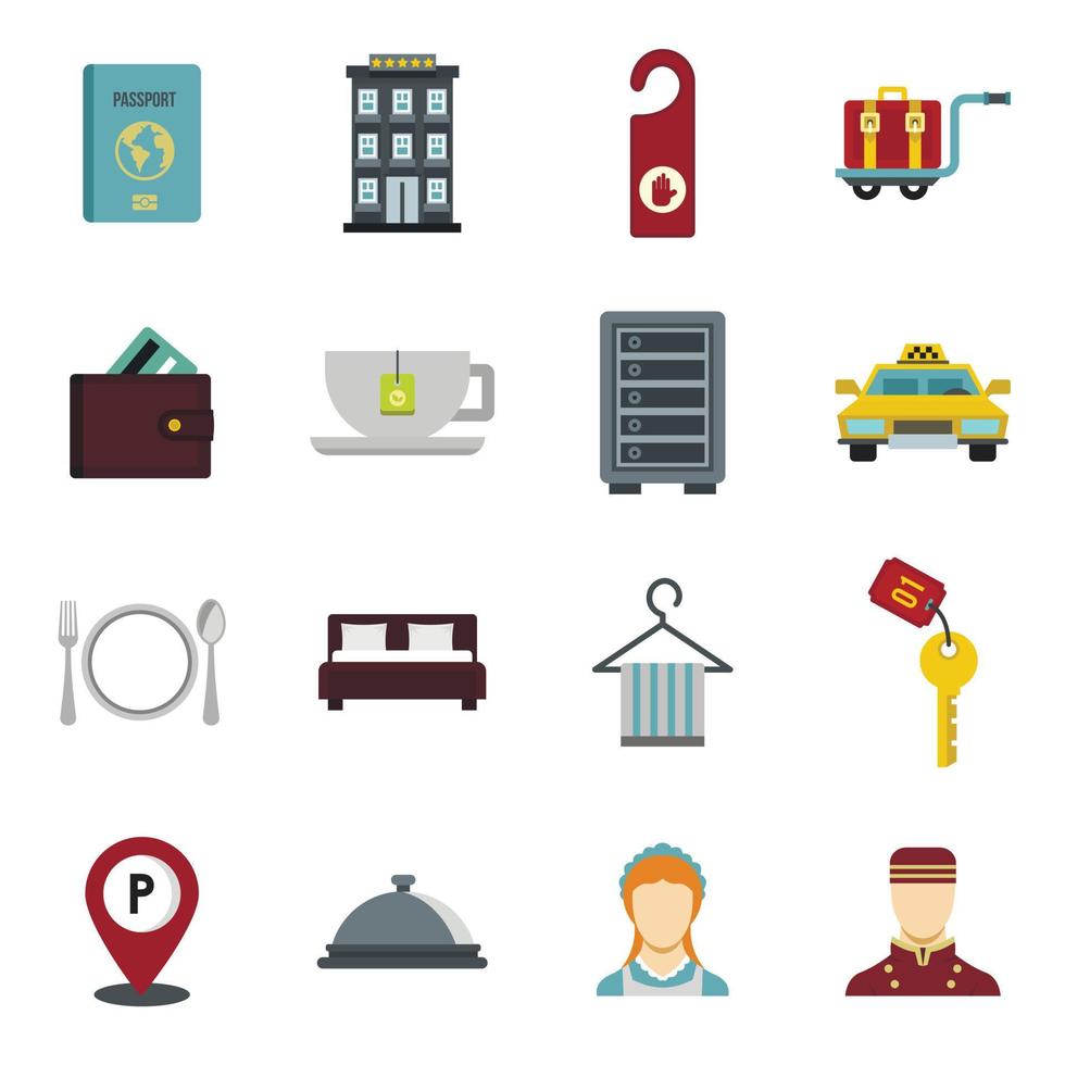 Hotel icons set, flat style vector