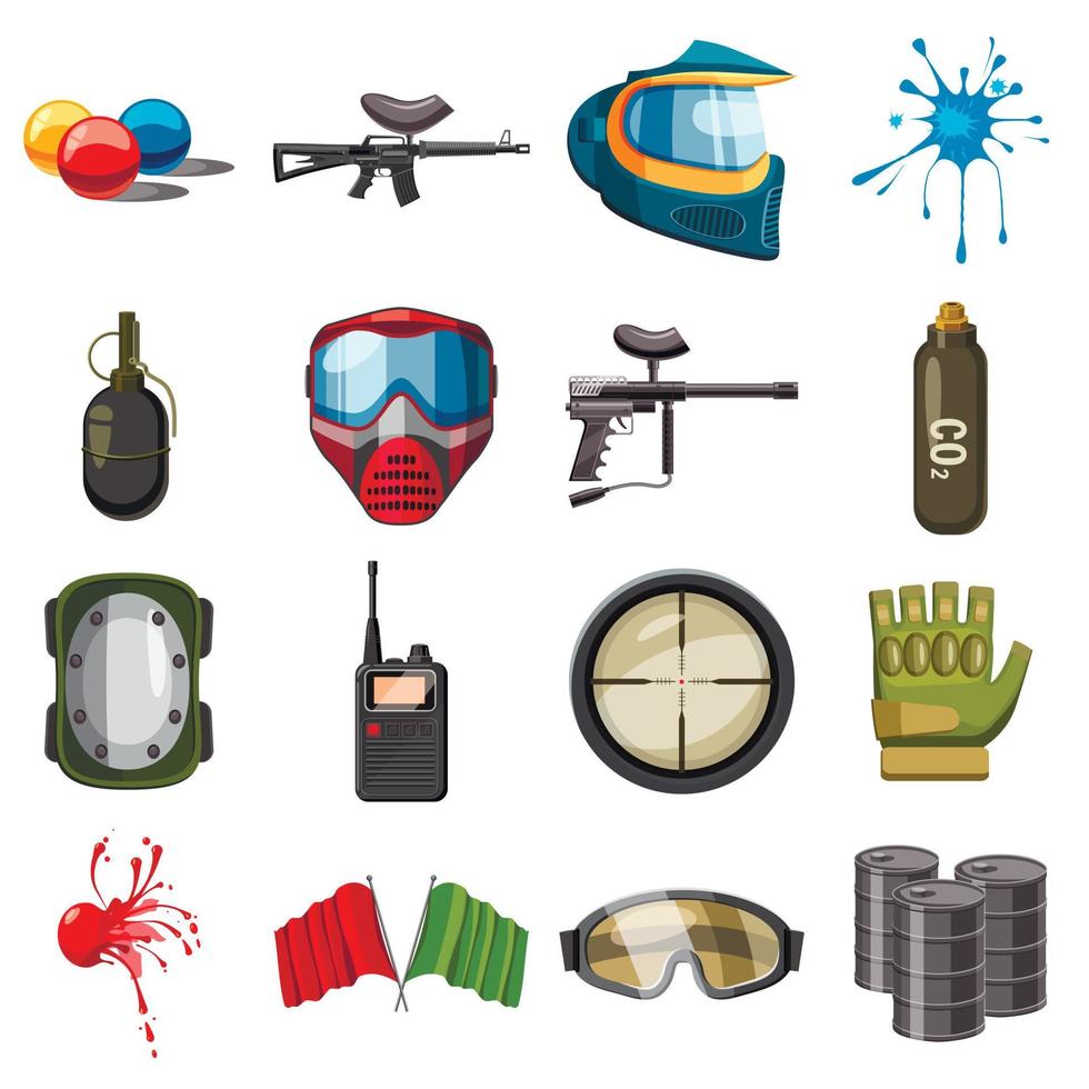 Paintball icons set, cartoon style vector