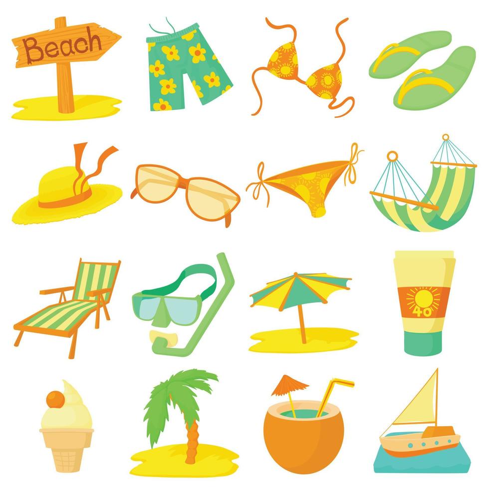 Sea rest icons set, cartoon style vector