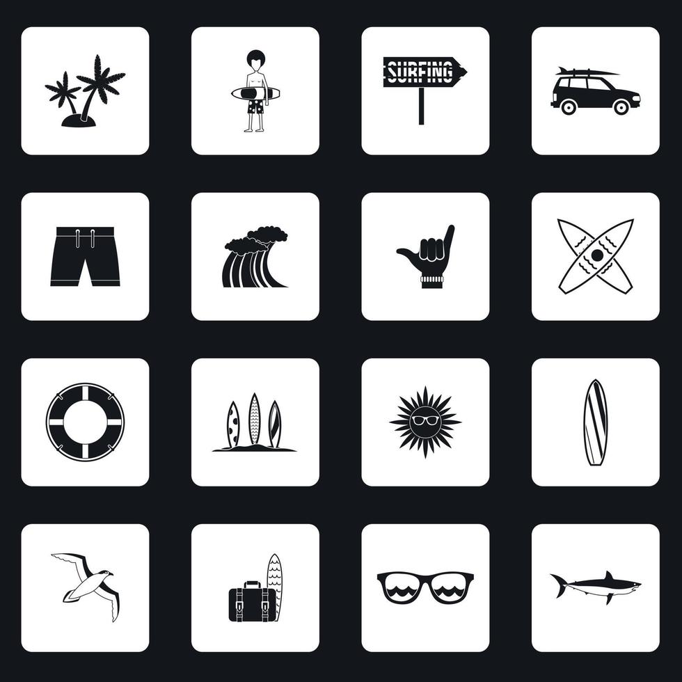 Surfing icons set, simple style vector