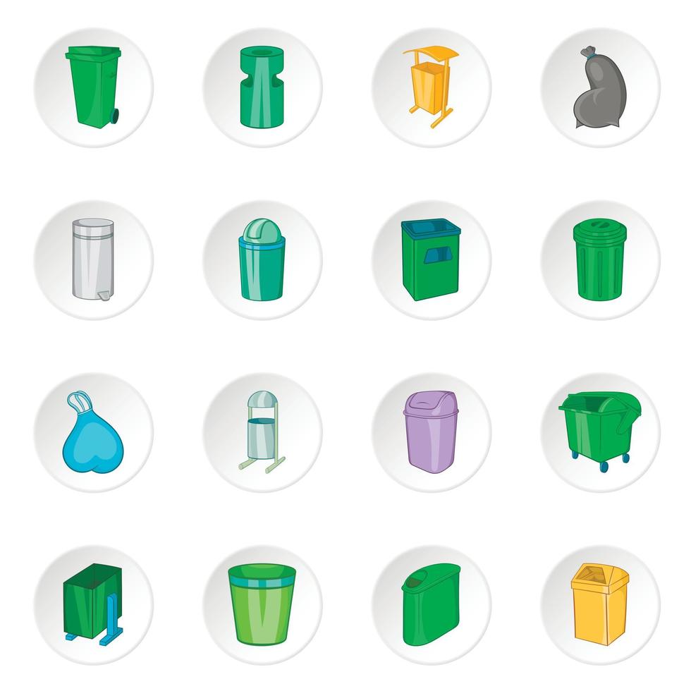 Trash can icons set, cartoon style vector