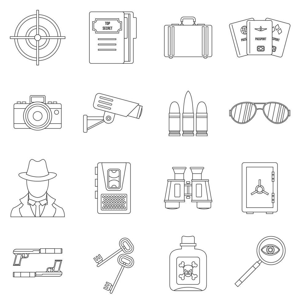 Spy tools icons set, outline style vector