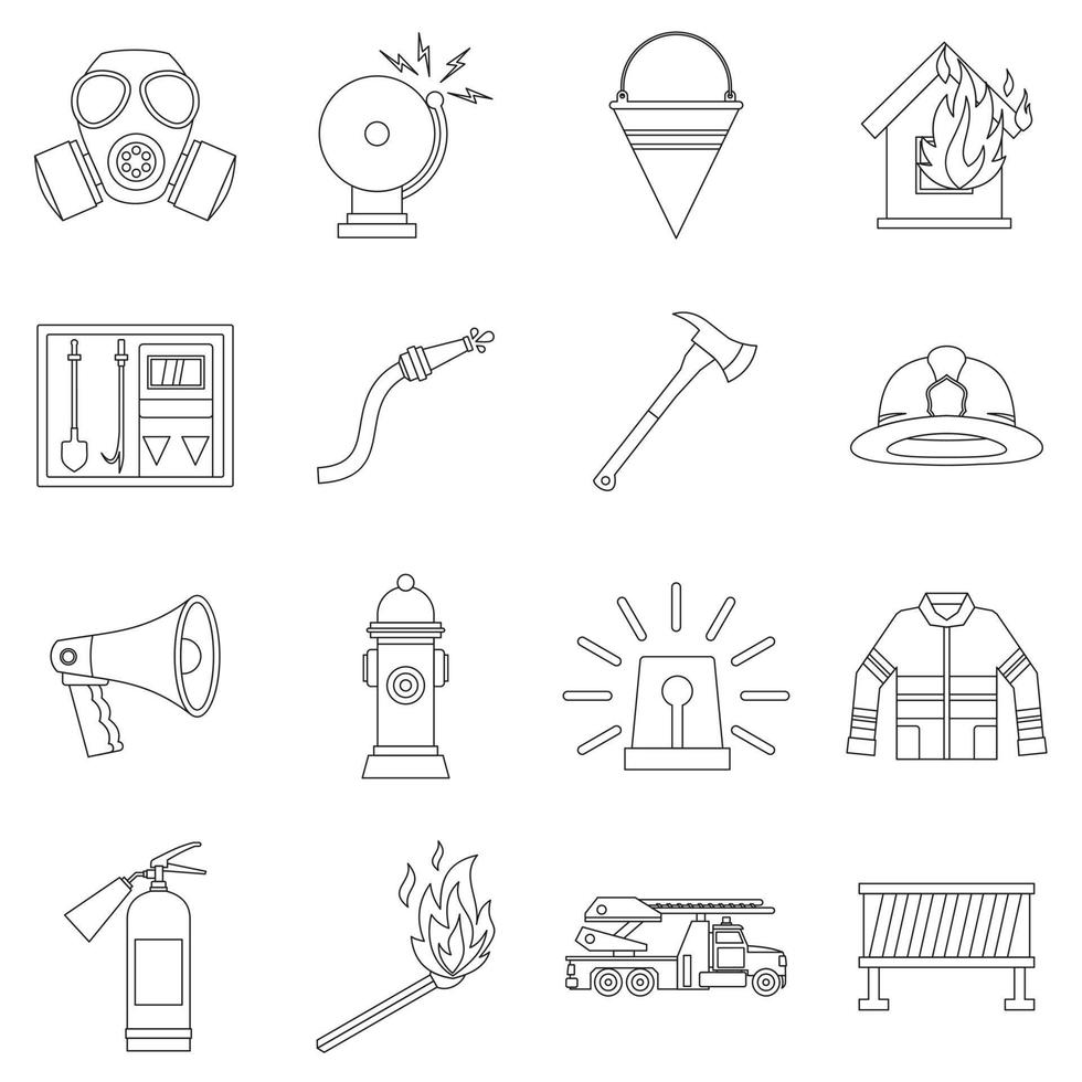 Fireman tools icons set, outline style vector