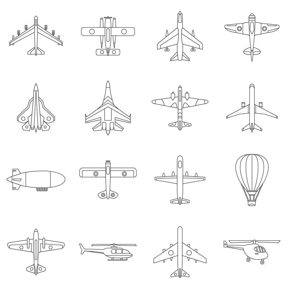 conjunto de iconos de aviación, estilo de esquema vector