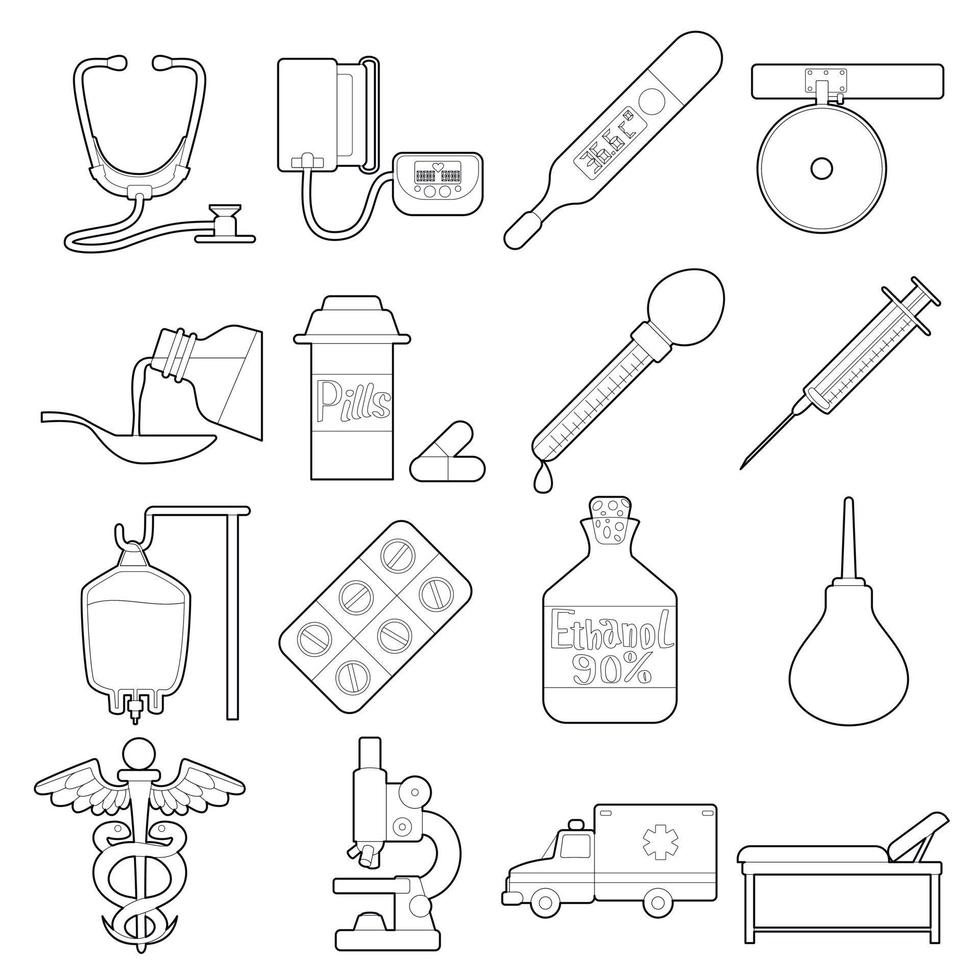 conjunto de iconos médicos, estilo de esquema vector