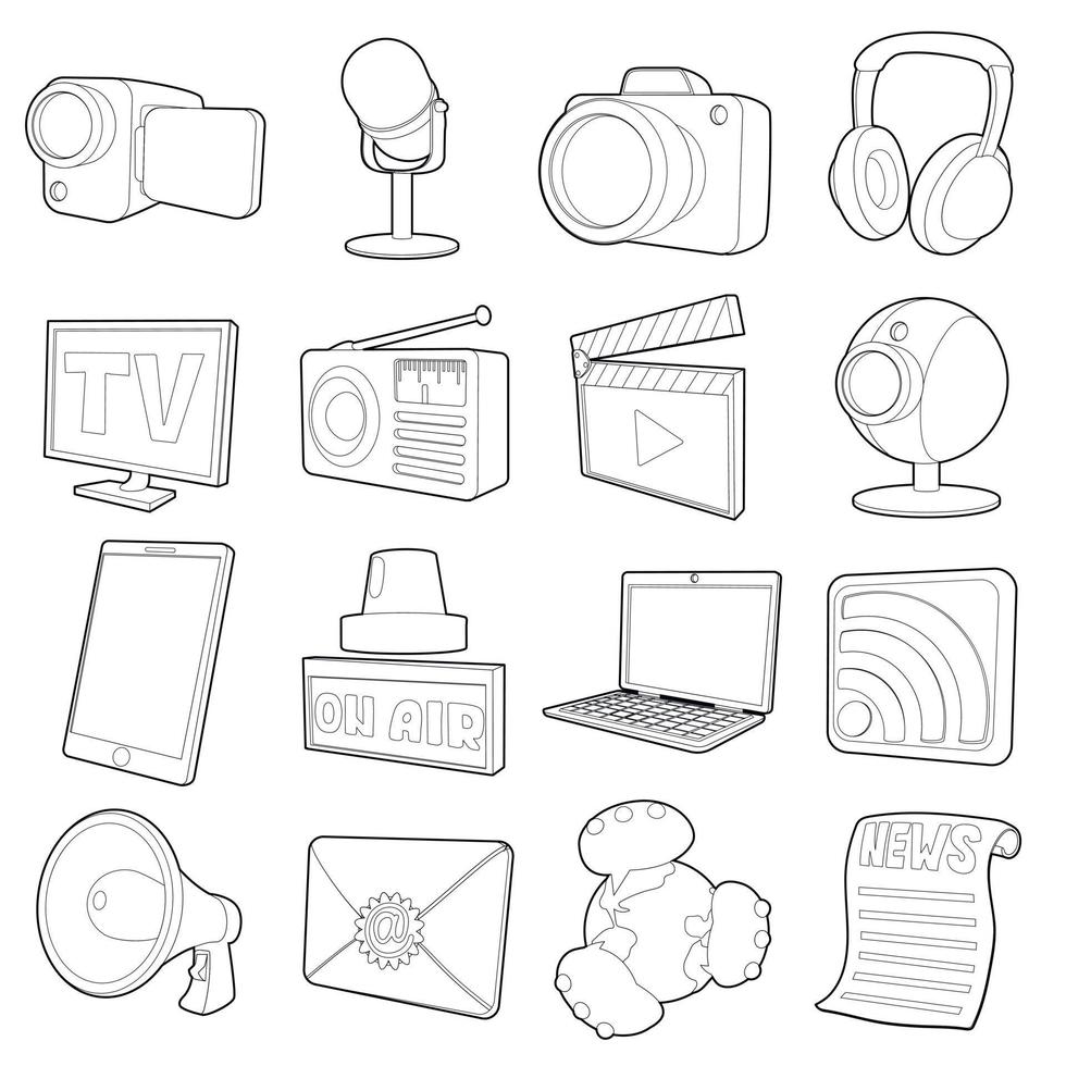 conjunto de iconos de canales de medios, estilo de esquema de dibujos animados vector