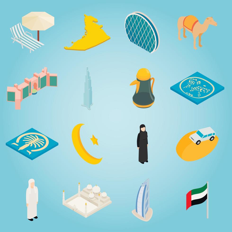 UAE set icons, isometric 3d style vector