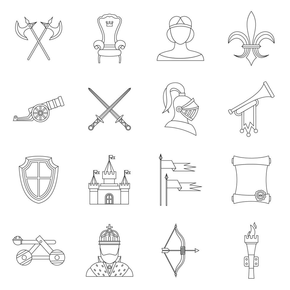 conjunto de iconos medievales de caballero, estilo de esquema. vector
