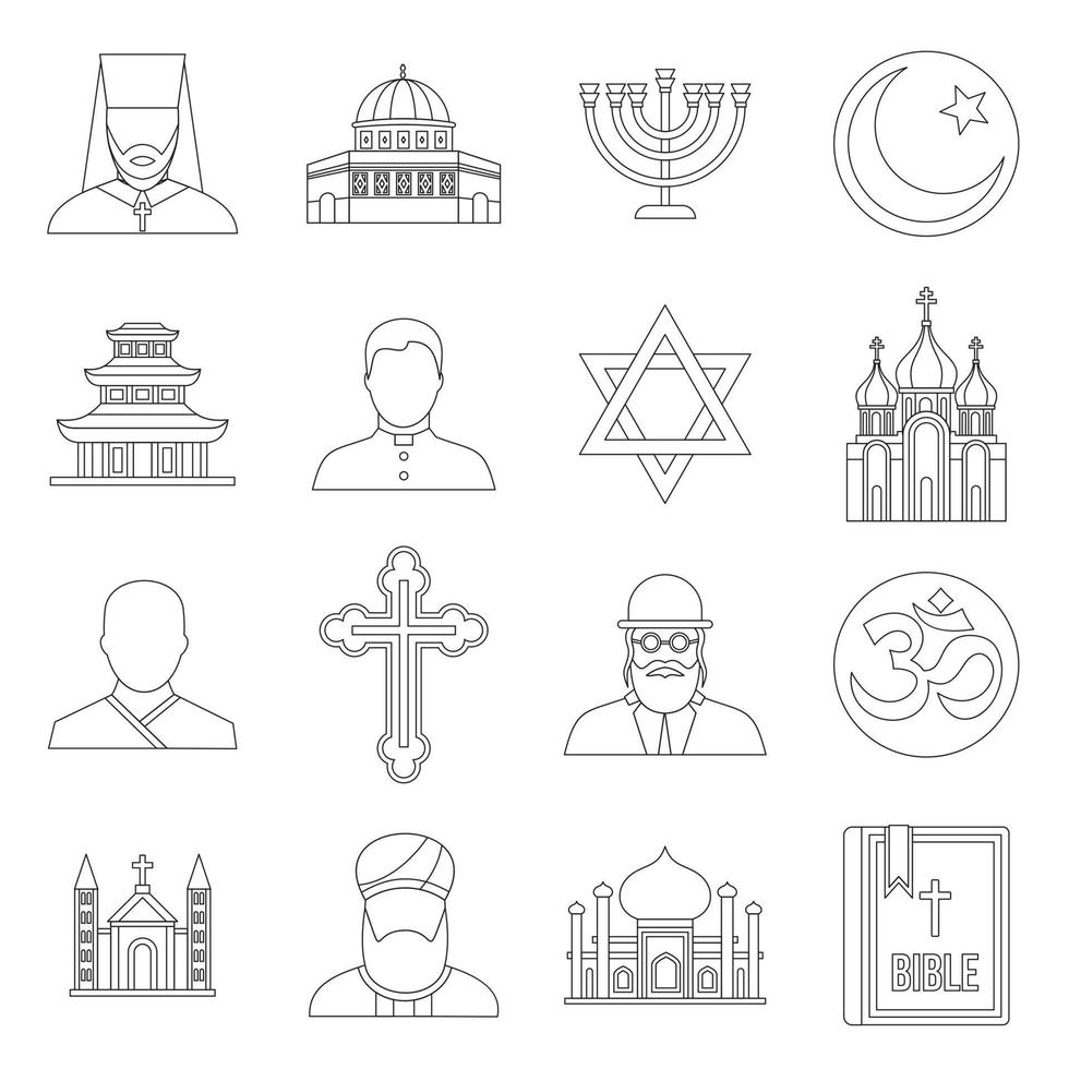 conjunto de iconos de símbolos religiosos, estilo de esquema vector