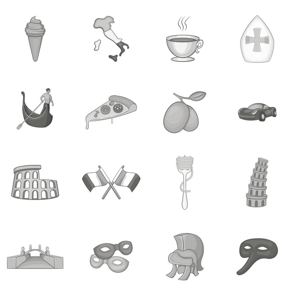 Italy icons set, black monochrome style vector